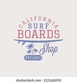 Vector illustration on the theme of surfing and surf boards shop in California. Vintage design.  Grunge background. Sport typography, t-shirt graphics, print, poster, banner, flyer, postcard