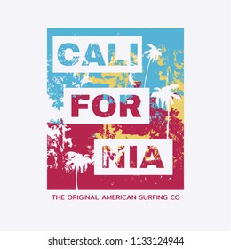 Vector illustration on the theme of surfing and surf in California. Grunge background. Sport typography, t-shirt graphics, print, poster, banner, flyer, postcard