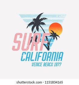 Vector illustration on the theme of surfing and surf in California, Venice beach. Vintage design. Grunge background. Sport typography, t-shirt graphics, print, poster, banner, flyer, postcard