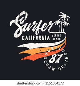 Vector illustration on the theme of surfing and surf in California, Venice beach. Vintage design. Grunge background.  Number sport typography, t-shirt graphics, print, poster, banner, flyer, postcard