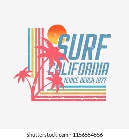 Vector illustration on the theme of surfing and surf in California, Venice beach. Vintage design. Grunge background. Sport typography, t-shirt graphics, print, poster, banner, flyer, postcard