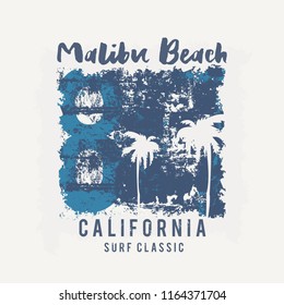 Vector illustration on the theme of surfing and surf in California, Malibu beach. Vintage design. Grunge background. Number sport typography, t-shirt graphics, print, poster, banner, flyer, postcard