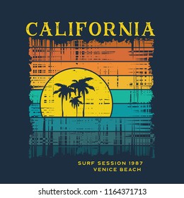 Vector illustration on the theme of surfing and surf in California, Venice beach. Vintage design.  Grunge background. Sport typography, t-shirt graphics, print, poster, banner, flyer, postcard