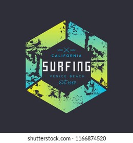 Vector illustration on the theme of surfing and surf in California, Venice beach. The abstract design. Sport typography, t-shirt graphics, print, poster, banner, flyer, postcard