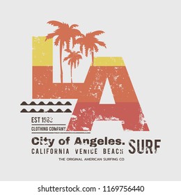Vector illustration on the theme of surfing and surf in California, Los Angeles City. Vintage design.  Grunge background. Sport typography, t-shirt graphics, print, poster, banner, flyer, postcard