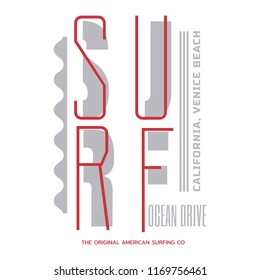 Vector illustration on the theme of surfing and surf in California, Venice beach. The abstract design. Sport typography, t-shirt graphics, print, poster, banner, flyer, postcard
