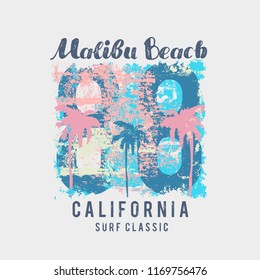 Vector illustration on the theme of surfing and surf in California, Malibu beach. Vintage design. Grunge background. Number sport typography, t-shirt graphics, print, poster, banner, flyer, postcard