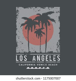 Vector illustration on the theme of surfing and surf in California, Los Angeles City. Vintage design.  Grunge background. Sport typography, t-shirt graphics, print, poster, banner, flyer, postcard