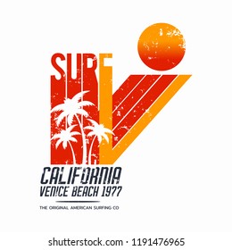 Vector illustration on the theme of surfing and surf in California, Venice beach. Vintage design. Grunge background. Sport typography, t-shirt graphics, print, poster, banner, flyer, postcard