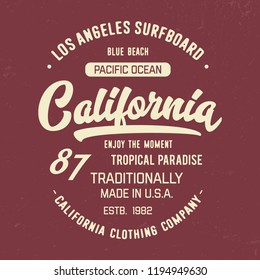  Vector illustration on the theme of the Surfing. Vintage design. Grunge background. T-shirt graphics, print, poster, banner, flyer. Vector
