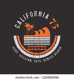 Vector illustration on the theme of surfing and surf in California, Venice beach. Vintage design. Grunge background. Sport typography, t-shirt graphics, print, poster, banner, flyer, postcard