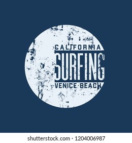 Vector illustration on the theme of surfing and surf in California, Venice beach. Vintage design.  Grunge background.  Typography, t-shirt graphics, print, poster, banner, flyer, postcard
