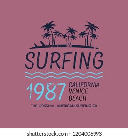 Vector illustration on the theme of surfing and surf in California, Venice beach. Vintage design. Grunge background. Number sport typography, t-shirt graphics, print, poster, banner, flyer, postcard