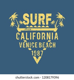 Vector illustration on the theme of surfing and surf in California, Venice beach. Vintage design. Grunge background. Sport typography, t-shirt graphics, print, poster, banner, flyer, postcard