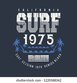 Vector illustration on the theme of surfing and surf in California, Venice beach. Vintage design. Grunge background. Sport typography, t-shirt graphics, print, poster, banner, flyer, postcard