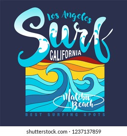 Vector illustration on the theme of surfing and surf in California, Malibu beach. Vintage design.Handwriting  typography, T-shirt graphics, poster, print, banner, flyer, postcard