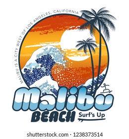 Vector illustration on the theme of surfing in California with an ancient Japanese Wave , Malibu Beach. Vintage design. T-shirt graphics, poster, print, banner, flyer, postcard