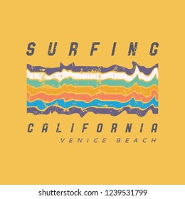 Vector illustration on the theme of surfing and surf in California, Venice beach. Vintage design. Grunge background. Sport typography, t-shirt graphics, print, poster, banner, flyer, postcard