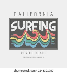 Vector illustration on the theme of surfing and surf in California, Venice beach. Vintage design. Sport typography, t-shirt graphics, print, poster, banner, flyer, postcard