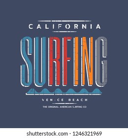 Vector illustration on the theme of surfing and surf in California, Venice beach. Vintage design. Grunge background. Sport typography, t-shirt graphics, print, poster, banner, flyer, postcard