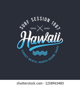 Vector illustration on the theme of surfing and surf in Hawaii, Sunset beach. Stamp typography, t-shirt graphics, print, poster, banner, flyer, postcard