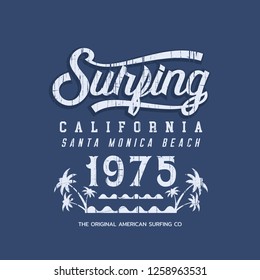 Vector illustration on the theme of surfing and surf in California, Santa Monica Beach. Vintage design. Grunge background. Sport typography, t-shirt graphics, print, poster, banner, flyer, postcard