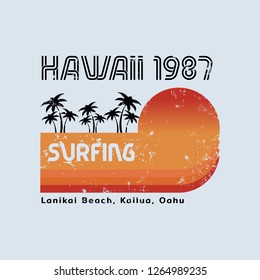Vector illustration on the theme of surfing and surf in Hawaii. Vintage design. Grunge background. Sport typography, t-shirt graphics, print, poster, banner, flyer, postcard
