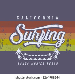 Vector illustration on the theme of surfing and surf in California, Santa Monica beach. Vintage design. Grunge background. Sport typography, t-shirt graphics, print, poster, banner, flyer, postcard
