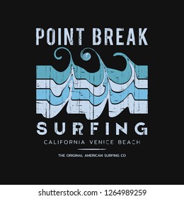 Vector illustration on the theme of surfing and surf in California, Venice beach. Vintage design. Grunge background. Sport typography, t-shirt graphics, print, poster, banner, flyer, postcard