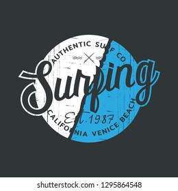 Vector illustration on the theme of surfing and surf in California, Venice beach. Vintage design. Grunge background. Stump typography, t-shirt graphics, print, poster, banner, flyer, postcard