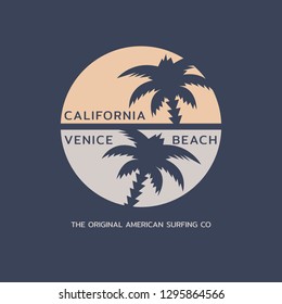 Vector illustration on the theme of surfing and surf rider in California, Venice beach. Stamp typography, t-shirt graphics, print, poster, banner, flyer, postcard