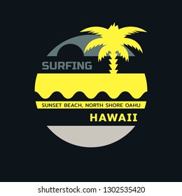 Vector illustration on the theme of surfing and surf  in Hawaii. Stamp typography, t-shirt graphics, print, poster, banner, flyer, postcard