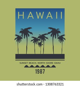 Vector illustration on the theme of surfing and surf in Hawaii. Sport typography, t-shirt graphics, print, poster, banner, flyer, postcard