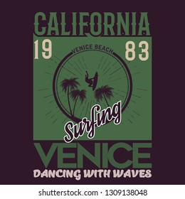 Vector illustration on the theme of surfing and surf in California, Venice beach. Vintage design. Retro design. Purple background. Typography, t-shirt graphics, print, poster, banner, flyer, postcard