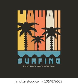 Vector illustration on the theme of surfing and surf in Hawaii. Vintage design. Sport typography, t-shirt graphics, print, poster, banner, flyer, postcard