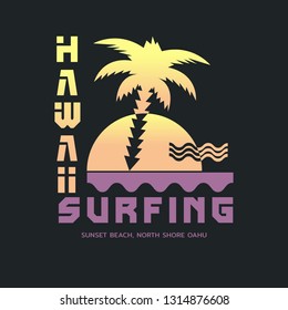 Vector illustration on the theme of surfing and surf in Hawaii. Sport typography, t-shirt graphics, print, poster, banner, flyer, postcard