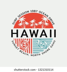 Vector illustration on the theme of surfing and surf in Hawaii. Stamp typography, t-shirt graphics, print, poster, banner, flyer, postcard