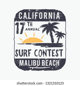 Vector illustration on the theme of surfing and, surf in California, Malibu beach. Vintage design. Grunge background. Sport typography, t-shirt graphics, print, poster, banner, flyer, postcard