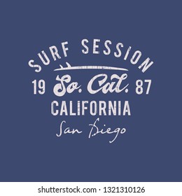 Vector illustration on the theme of surfing and, surf in California, San Diego. Vintage design. Grunge background. Sport typography, t-shirt graphics, print, poster, banner, flyer, postcard