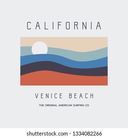 Vector illustration on the theme of surfing and surf in California, Venice beach. Vintage design. Sport typography, t-shirt graphics, print, poster, banner, flyer, postcard