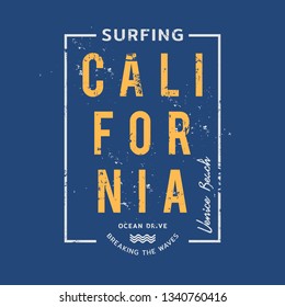 Vector illustration on the theme of surfing and surf in California, Venice beach. Vintage design. Grunge background. Sport typography, t-shirt graphics, print, poster, banner, flyer, postcard