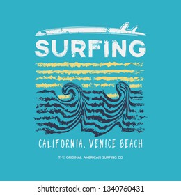 Vector illustration on the theme of surfing and, surf in California, Venice beach. Vintage design. Grunge background. Sport typography, t-shirt graphics, print, poster, banner, flyer, postcard