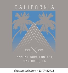 Vector illustration on the theme of surfing and surf in California. Sport typography, t-shirt graphics, print, poster, banner, flyer, postcard