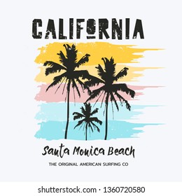 Vector illustration on the theme of surfing and, surf in California, Santa Monica Beach. Sport typography, t-shirt graphics, print, poster, banner, flyer, postcard