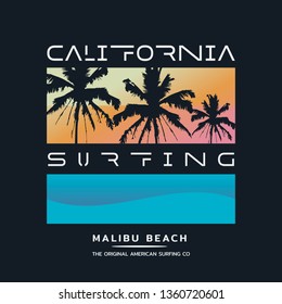 Vector illustration on the theme of surfing and surf in California, Malibu Beach. Sport typography, t-shirt graphics, print, poster, banner, flyer, postcard