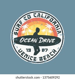 Vector illustration on the theme of surfing and surf in California, Venice beach. Vintage design. Stamp typography, t-shirt graphics, print, poster, banner, flyer, postcard