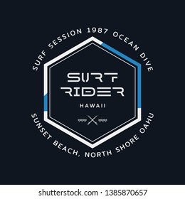 Vector illustration on the theme of surfing and surf rider in Hawaii. Stamp typography, t-shirt graphics, print, poster, banner, flyer, postcard