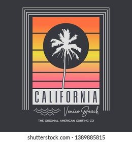 Vector illustration on the theme of surfing and surf in California. Sport typography, t-shirt graphics, print, poster, banner, flyer, postcard