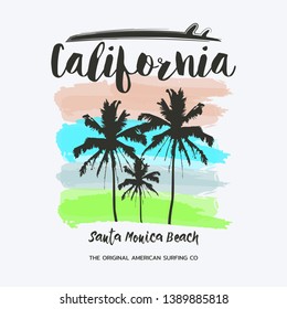 Vector illustration on the theme of surfing and, surf in California, Santa Monica Beach. Sport typography, t-shirt graphics, print, poster, banner, flyer, postcard