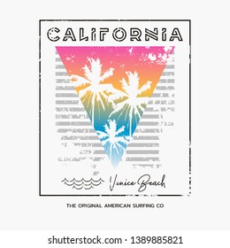 Vector illustration on the theme of surfing and surf in California, Venice beach. Vintage design. Grunge background. Sport typography, t-shirt graphics, print, poster, banner, flyer, postcard